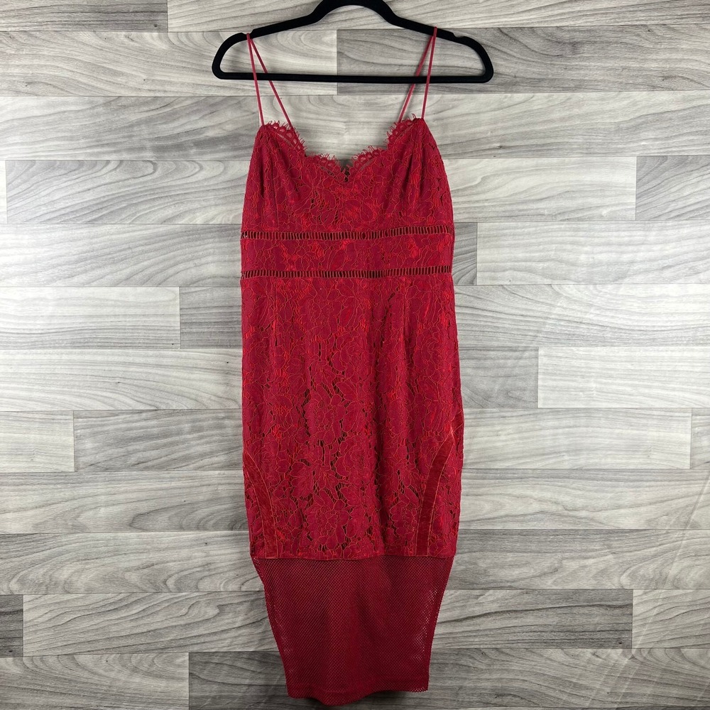 Boohoo Dress Womens 10 Red Bodycon Lace Mesh Sleeveless Zip Date Night Sexy
